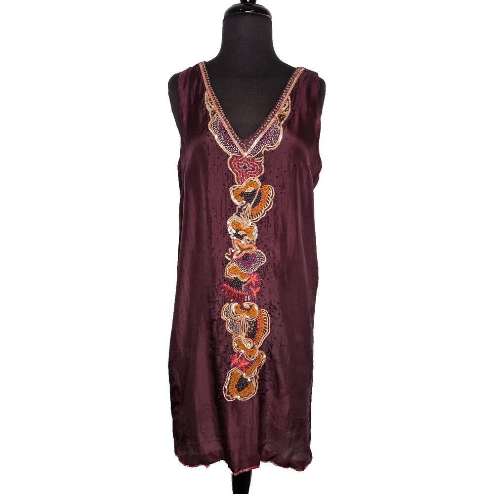 A COMMON THREAD Silk Blend Dress Small Sleeveless Eggplant Purple Boho Ethnic